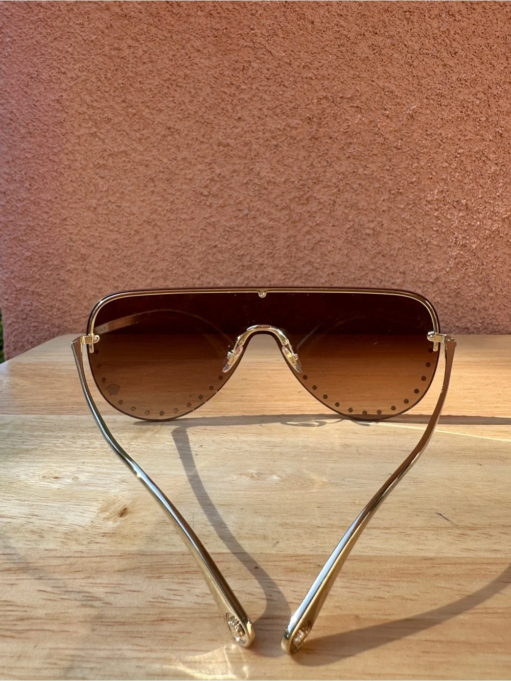 Versace Medusa Crystal Studded Shield Sunglasses Gold w/Brown Lens VE2230B